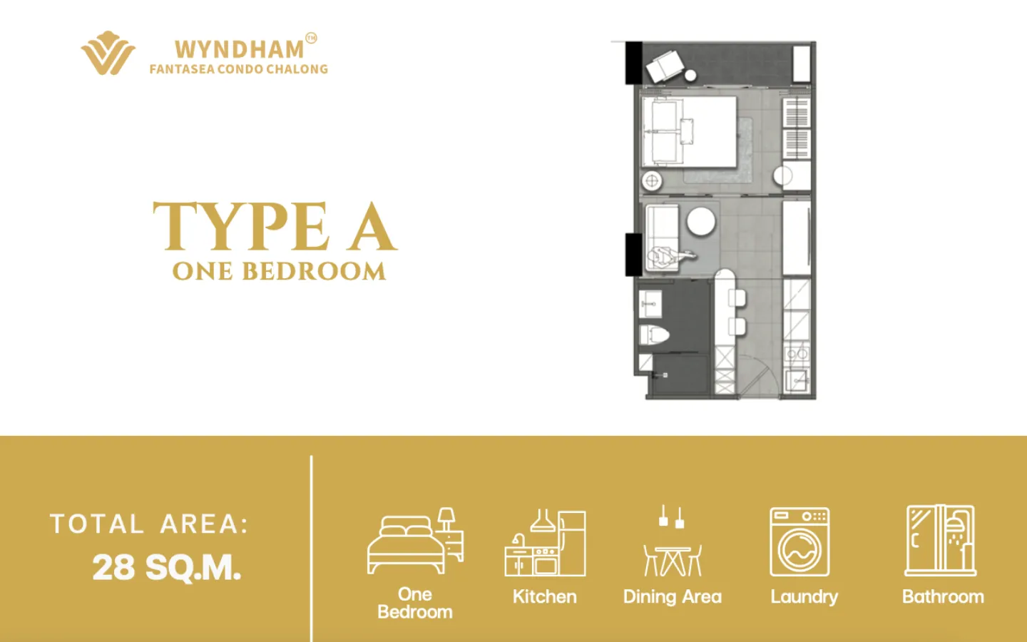 Interior view of One Bedroom Type A Condo for Sale at Wyndham Fantasea Condo in Chalong